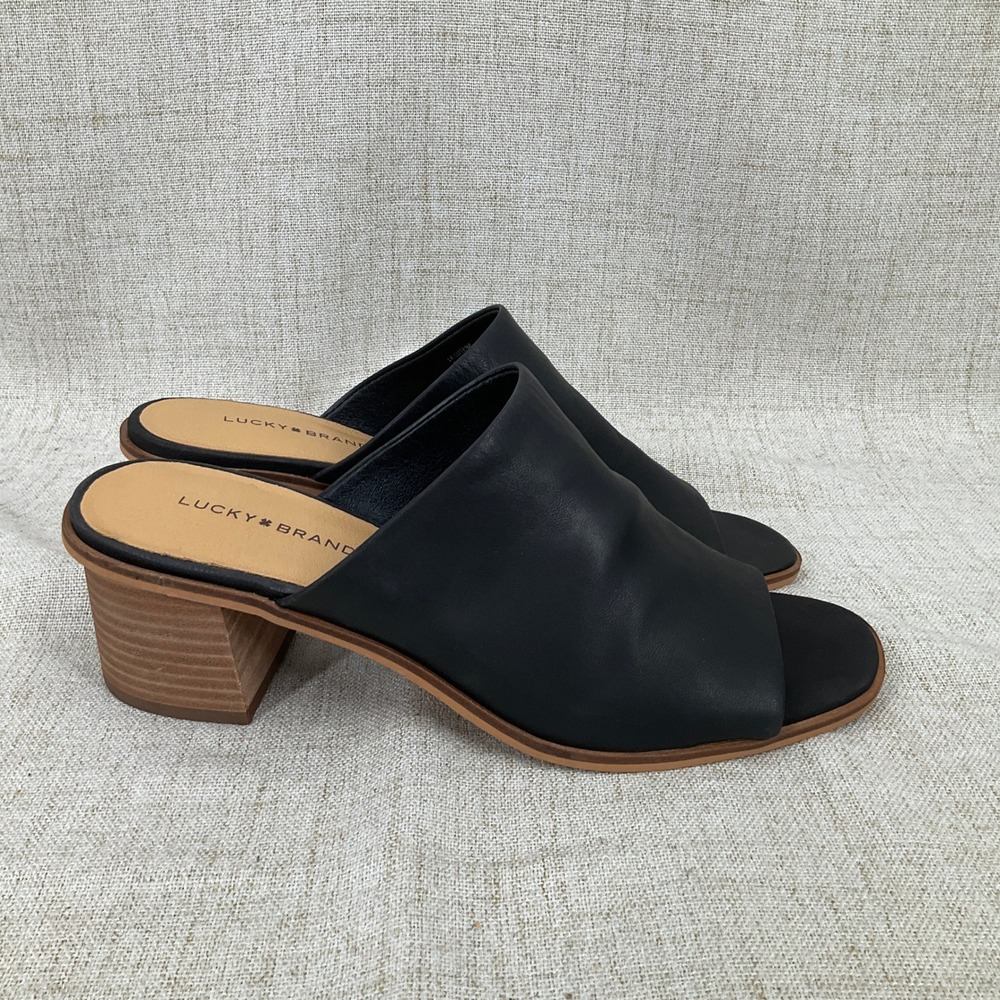 Lucky Brand Black Leather Open-Toe Block Heel Mules